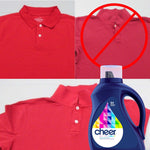 collage of red polo shirts with a cheer colorguard detergent bottle in the corner