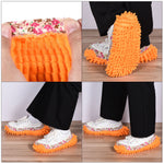 Collage of four photos showing hands stretching floral elastic, sole view, and two shots of shoe covers worn over sneakers