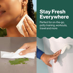 Collage-style image showing wiping a face, cleaning a spill, and pulling a wipe from a toilet with copy promoting staying fresh.