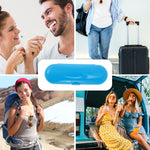 Collage lifestyle image with a central blue toothbrush travel case surrounded by travel and outdoor scenes.