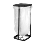 Collapsible trash bag holder in use with a clear plastic bag fitted over the top and resting on the square base