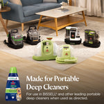 Several models of BISSELL portable deep cleaners displayed on a living room rug with product bottle inset and text about use with portable cleaners.