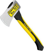 Angled view of Collins Axe camp axe showing yellow and black handle and labeled head