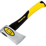 Collins Axe camp hatchet laid diagonally showing textured yellow grip and metal head label
