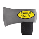 Close-up of Collins Axe steel head with yellow oval label showing 1¼ lb weight