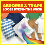 Illustration of a used color catcher sheet picking up dye with assorted clothing and rainbow trail