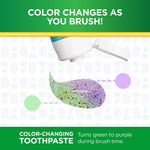 Graphic showing toothpaste dollop changing from green to purple with text ‘Color changes as you brush’