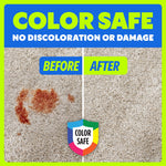 Split before-and-after carpet close-up showing a red stain removed, labeled COLOR SAFE with a multicolor shield