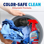 Hands holding blue laundry near a front-load washer with an OxiClean Max Force bottle and 'Color-Safe Clean' text