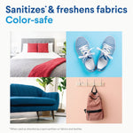 Grid of four lifestyle photos illustrating color-safe fabric freshening: bed, sneakers, sofa, and a backpack