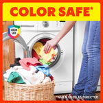 Laundry scene with person loading colorful clothes into a front-load washing machine and ‘Color Safe’ header