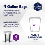 Informational graphic showing '4 Gallon Bags' with bag dimensions, small bathroom trash illustration and Color Scents logo