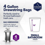 Informational panel showing 4-gallon drawstring bag dimensions and small bathroom trash can illustration with Color Scents badge