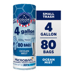 Single Color Scents 4-gallon Ocean Mist bathroom trash bag roll shown next to a panel reading '4 gallon 80 bags'