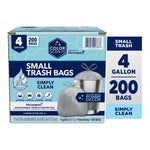 Color Scents branded retail box for 4-gallon small trash bags with Microban, 200 bags and product icons