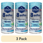 Three vertical rolls of Color Scents 8-gallon kitchen trash bag packaging with Microban and Simply Clean labeling