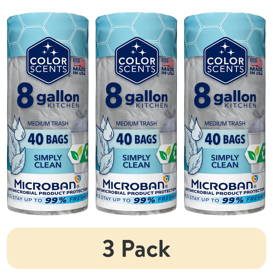 Three vertical rolls of Color Scents 8-gallon kitchen trash bag packaging with Microban and Simply Clean labeling