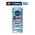Rolled Color Scents 8-gallon kitchen trash bag package with blue top, Microban and 40 bags callouts.