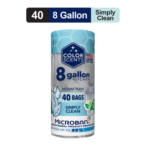 Rolled Color Scents 8-gallon kitchen trash bag package with blue top, Microban and 40 bags callouts.