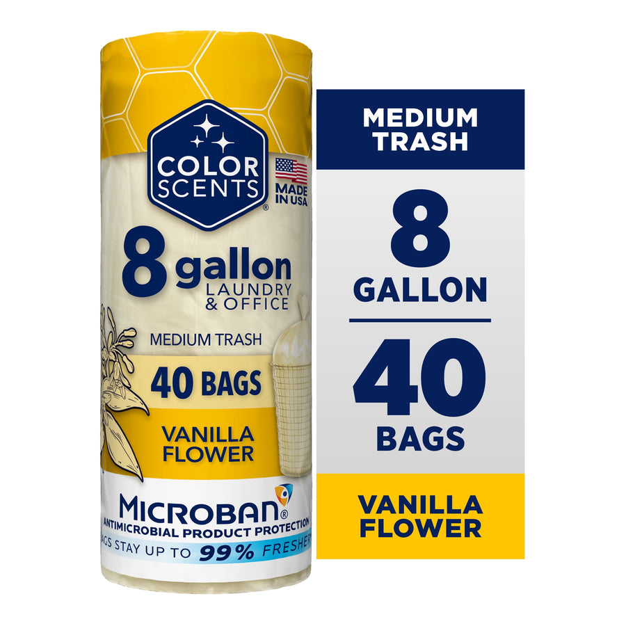 Roll of Color Scents 8 gallon vanilla flower scented trash bags with packaging showing 8 gallon and 40 bags labeling.