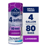 Rolled Color Scents lavender bathroom trash bag package showing 4 gallon, 80 bags, Microban logo and lavender graphic