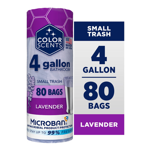 Rolled Color Scents lavender bathroom trash bag package showing 4 gallon, 80 bags, Microban logo and lavender graphic