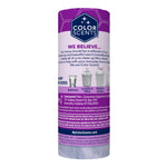 Back view of Color Scents lavender bathroom trash bag roll with product text, usage icons and contact information