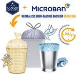 Graphic showing Color Scents with Microban logo, three styled trash cans with drawstring bags and odor-neutralizing claim