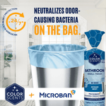 Lifestyle-style graphic of a trash can lined with a blue bag and Color Scents roll, with text 'Neutralizes odor-causing bacteria on the bag'