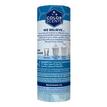 Rear label of a Color Scents bathroom trash bag roll showing brand message, product uses icons, and contact information