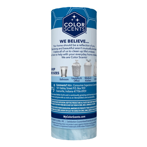 Rear label of a Color Scents bathroom trash bag roll showing brand message, product uses icons, and contact information