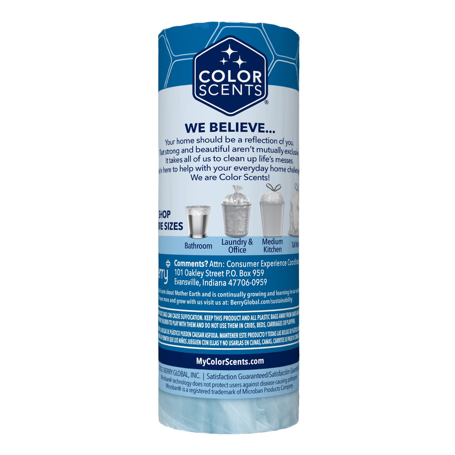 Rear label of a Color Scents bathroom trash bag roll showing brand message, product uses icons, and contact information