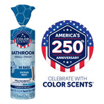 Color Scents Ocean Mist bathroom trash bag roll with a circular 'America's 250th anniversary' badge and promotional text
