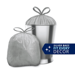 Silver drawstring trash bag tied and shown next to a silver metal waste can with ‘silver bags fit every decor’ badge