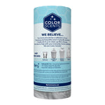 Rear view of a Color Scents trash bag roll showing brand story text, contact details and recycling icons