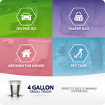 Informational graphic with four colored panels showing use cases like on-the-go, diaper bag, around the house and pet care for trash bags