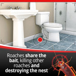Bathroom scene close-up with red target over floor and text about roaches sharing bait and destroying the nest