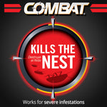 Combat branding target graphic with red bullseye reading 'Kills the Nest' and small roach silhouettes