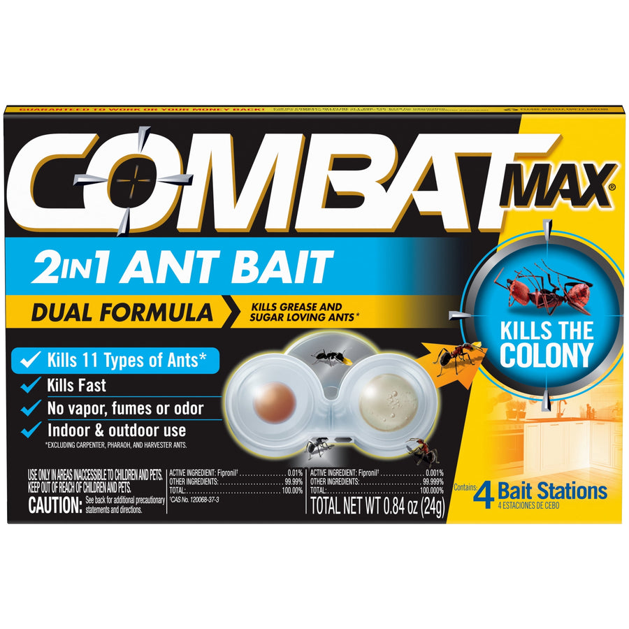 Front product box showing Combat Max 2-in-1 ant bait packaging with bait station image and product claims