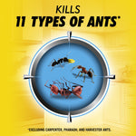 Yellow target-style graphic with illustrated ants and bold text claiming it kills 11 types of ants