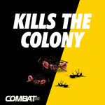 Bold black and yellow panel with large text "Kills the Colony" and stylized ant illustrations and Combat Max logo