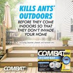Outdoor deck lifestyle background with text saying it kills ants outdoors and a small product box image in the corner