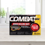 Product lifestyle image of Combat Max roach bait box placed on a bright kitchen counter setting