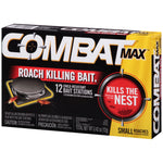Angled studio photo of Combat Max roach killing bait box highlighting logo, bait station image and 'Kills the Nest' badge