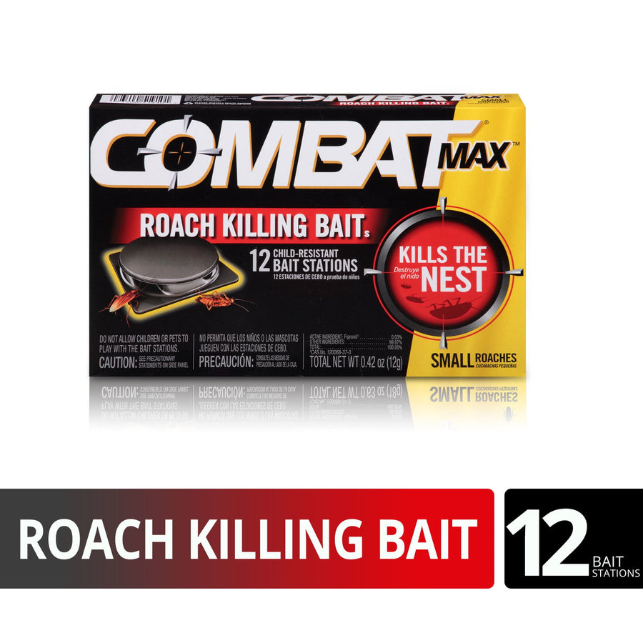 Front-facing Combat Max roach killing bait box showing product name and 'Kills the Nest' target graphic
