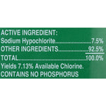 Close-up label panel listing active ingredient sodium hypochlorite and percentage on green background