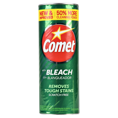 Tall green cylindrical Comet powder can with red logo and 'BLEACH' label on white background.