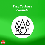 Green marketing graphic that reads 'Easy To Rinse Formula' with a droplet and rinse icon and small Comet logo