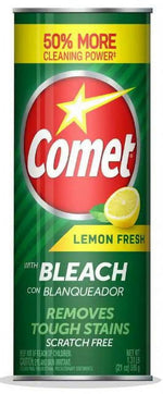 Tall green Comet lemon fresh powder can with large red Comet logo and lemon graphic