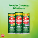 Promotional graphic showing three Comet powder cleanser cans against a green background with text "Powder Cleanser With Bleach".